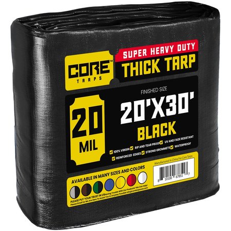 Core Tarps 20 ft x 30 ft Heavy Duty 20 Mil Tarp, Black, Polyethylene CT-706-20x30